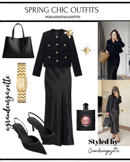 Spring Outfit | Black Monochrome Outfit| Satin Skirt| Tweed Jacket| Gold Jewellery | Gold Watch | Kitten Heels | Black Opium perfume 

#LTKSeasonal #LTKitbag #LTKshoecrush
