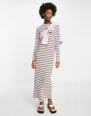 ASOS DESIGN long sleeve maxi t-shirt dress in pink and brown stripe | ASOS (Global)