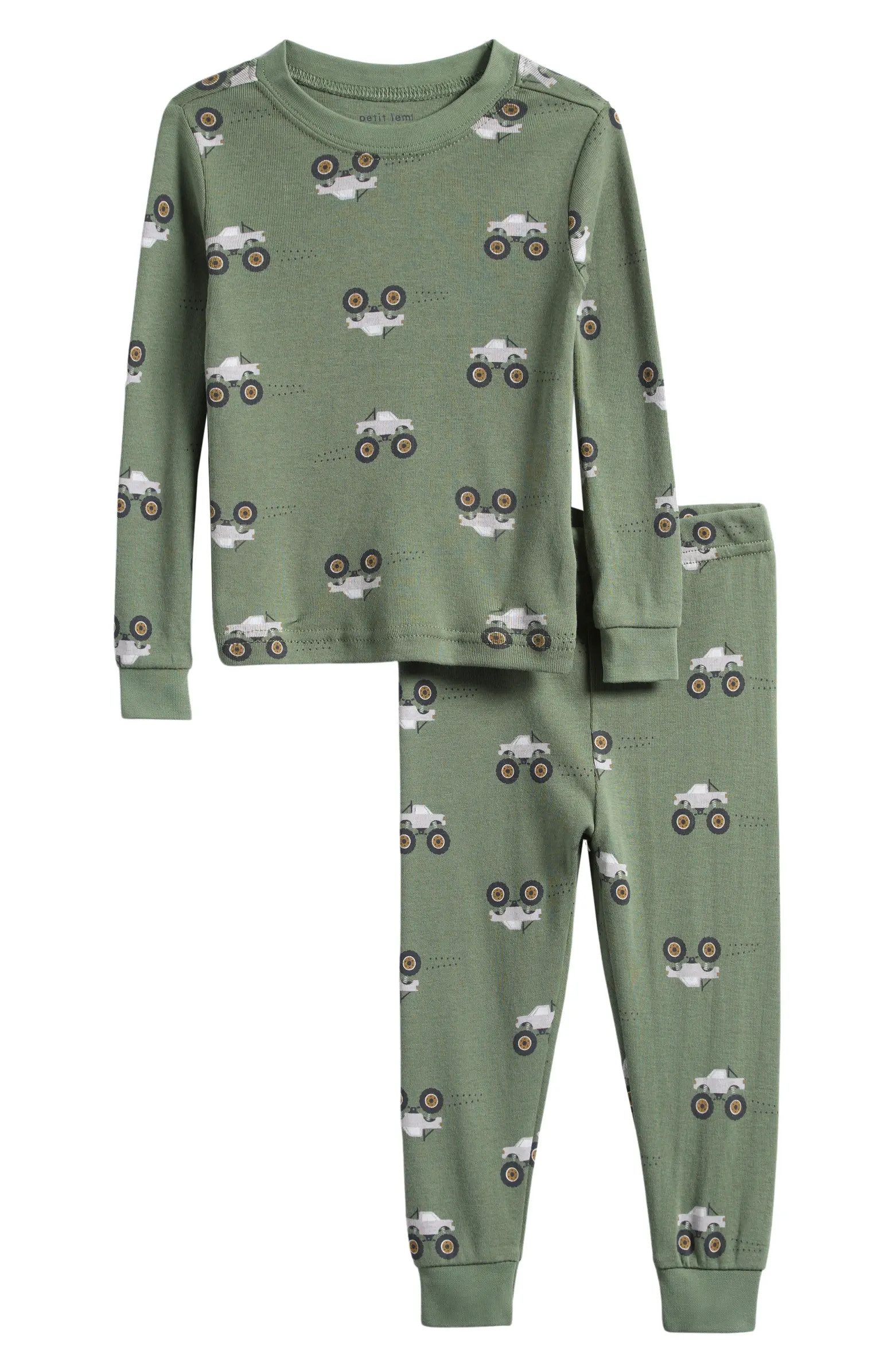 Petit Lem Monster Truck Print Fitted Two-Piece Organic Cotton Pajamas | Nordstrom | Nordstrom