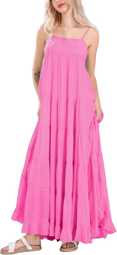 chouyatou Women's Summer Boho Flowy Spaghetti Strap Maxi Dress Smocked Back Casual Swing Beach Su... | Amazon (US)