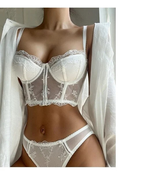 White Black Lace Corset Lingerie Romantic Push up Bra Top | Etsy | Etsy (US)