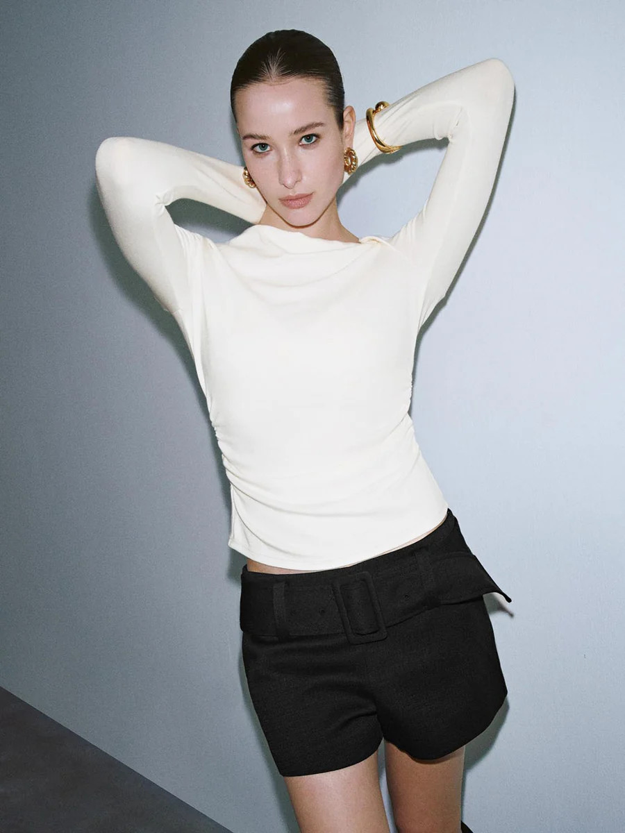 Asymmetric Neck Ruched Long Sleeve T-Shirts | Urban Revivo