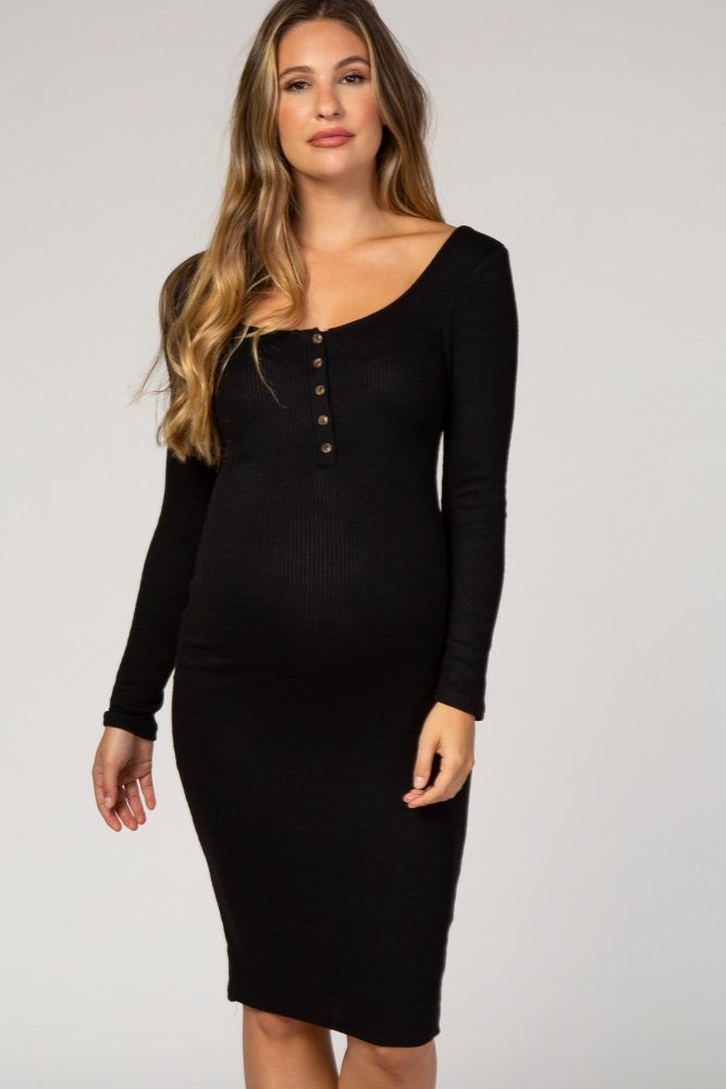 Waverleigh Black Ribbed Button Front Fitted Maternity Dress | PinkBlush Maternity