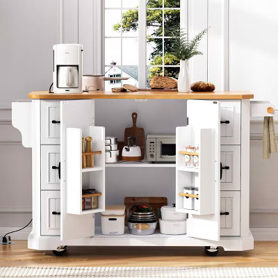 MAYEERTY White 56" Kitchen Island Rubber Wood Veneer Drop Leaf, Power Outlet 4 Door Shelves 6 Deep Drawers Rolling Cart | Target