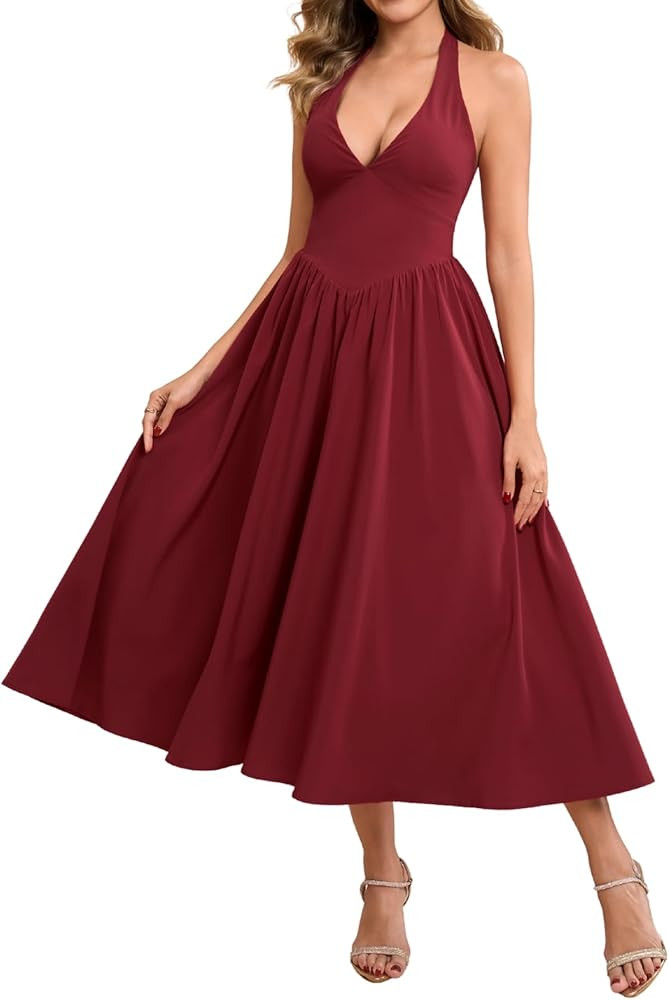 Parthea Women's Summer Midi Dress Smocked Gingham Halter V Neck Sundress Elegant Flowy A Line Bea... | Amazon (US)