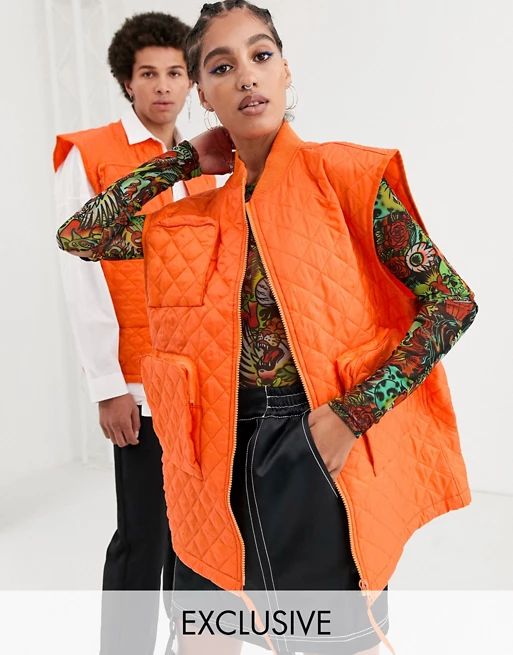 COLLUSION Unisex sleeveless quilted jacket in orange | ASOS (Global)