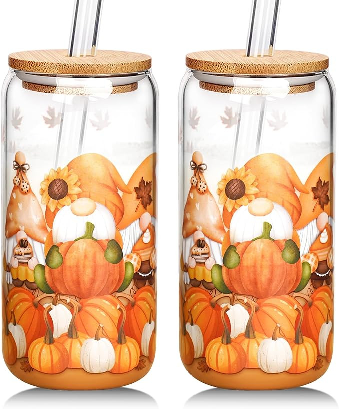 ANOTION Fall Glass Cups - Fall Gnomes Fall Coffee Mug Cute Cups Iced Coffee Cup with Lids and Str... | Amazon (US)