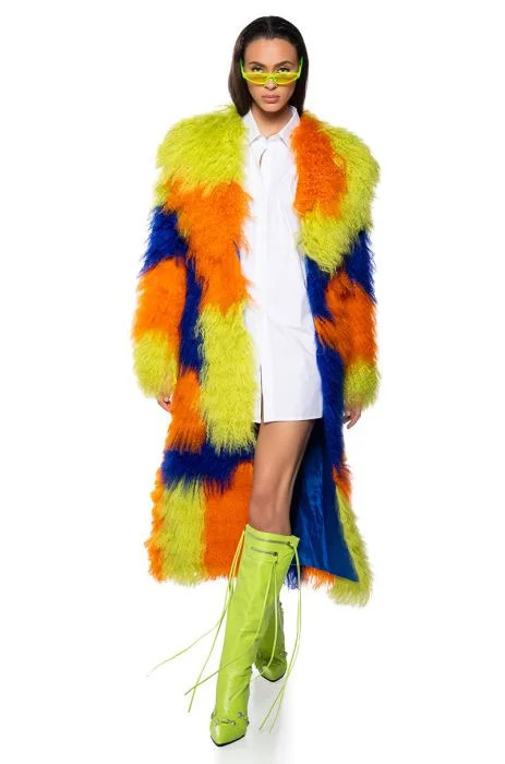 FRIYAY REAL MOHAIR FUR COLORBLOCK TRENCH COAT in multi | AKIRA