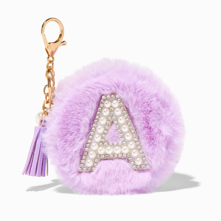 Purple Furry Pearl Initial Coin Purse Keychain - A | Claire's (US)
