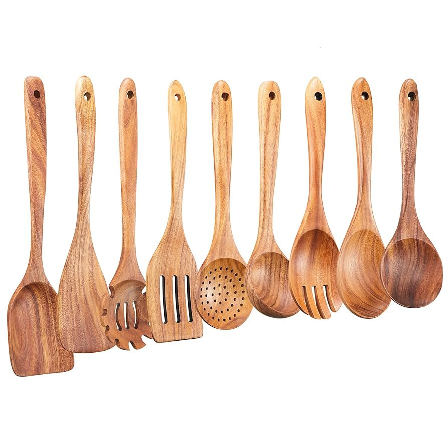 Wooden Kitchen Utensils Set,GUDAMAYE 9 PCE Natural Teak Wooden Spoons For Non-stick Pan for Cooki... | Amazon (US)