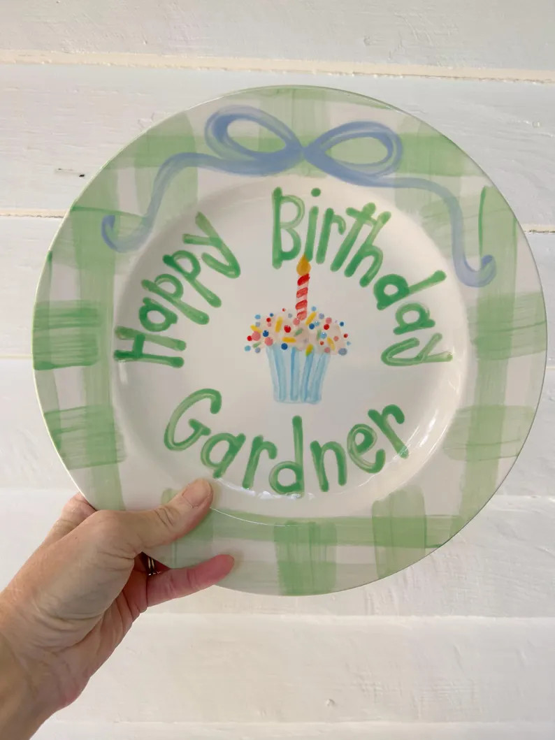 Personalized Boys Birthday Plate: Hand-Painted Ceramic Green Gingham and cupcake | Etsy (Global)