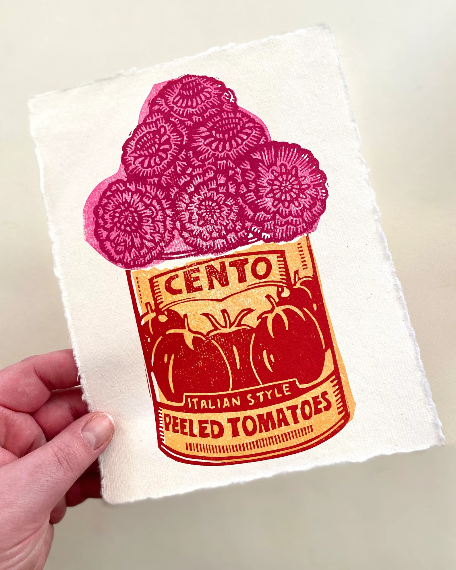 Handmade Tomato Can Floral Relief Print | Zinnias | Tinned Tomato | Whimsical | Gallery Wall | Co... | Etsy (US)