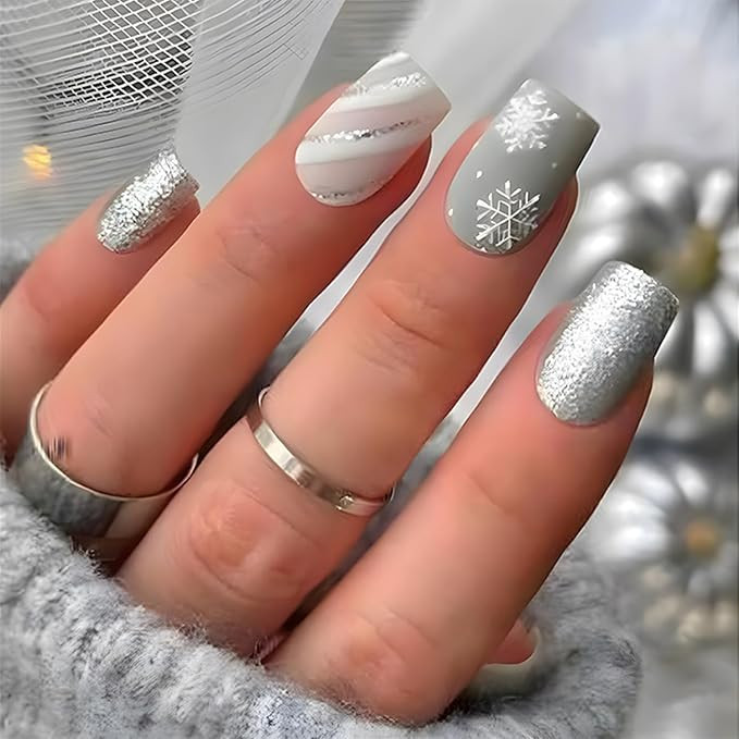 Christmas Snowflake Fake Nails Medium Square Xmas Press on Nails Silver Glitter Stripe Glue on Na... | Amazon (US)
