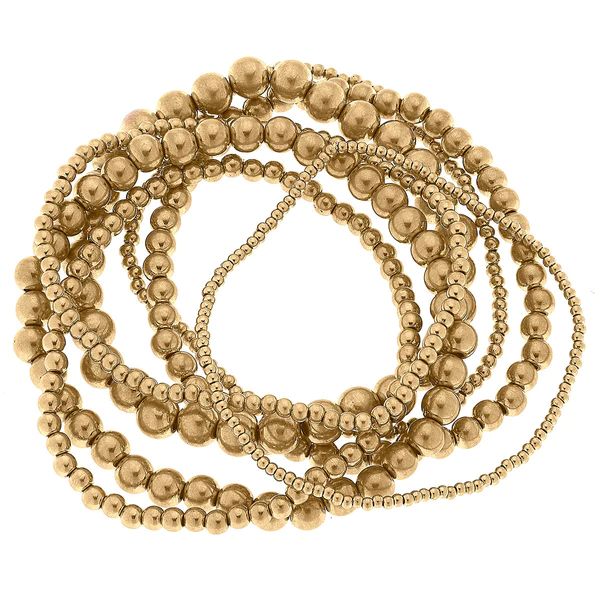 Aubrielle Metal Ball Bead Layered Bracelet Stack in Worn Gold - Set of 7 | CANVAS