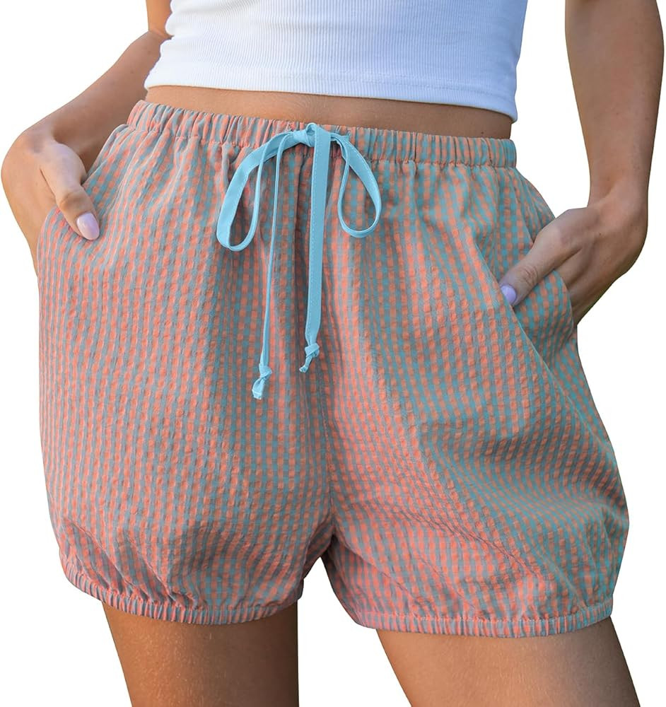 TARSE Women Balloon Shorts Gingham Striped Drawstring Cute Summer Casual Loose Fit Lounge Shorts ... | Amazon (US)