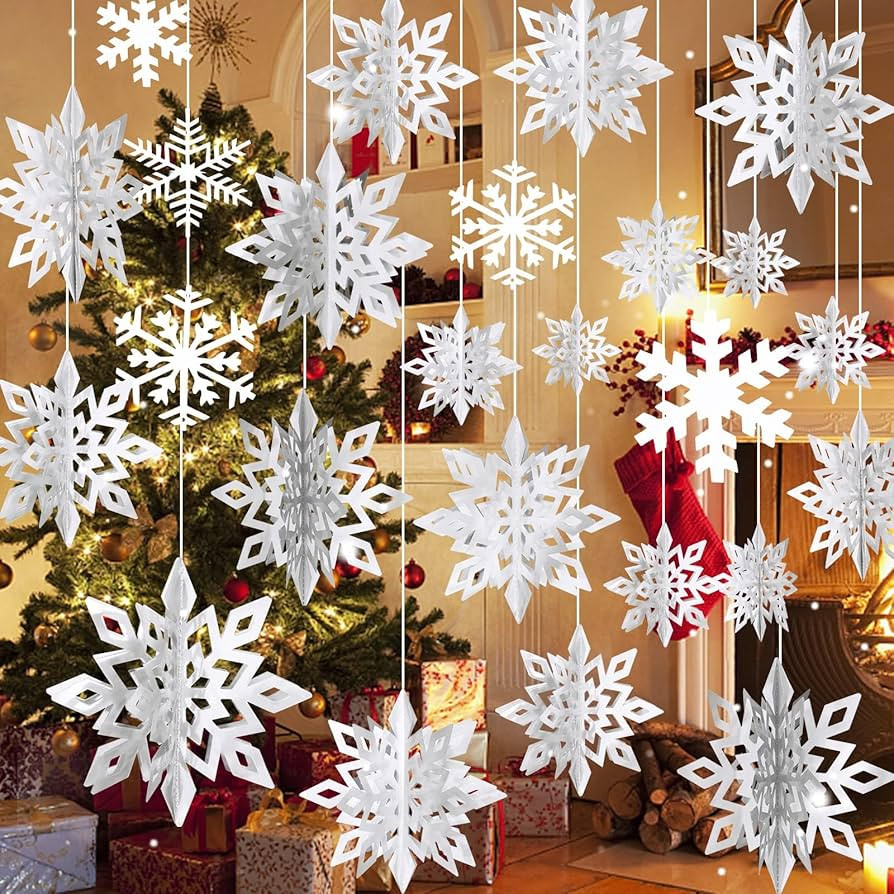 36PCS Christmas Hanging Snowflakes Decorations,24PCS 3D White Snowflakes Ornaments and 12PCS Flat... | Amazon (US)