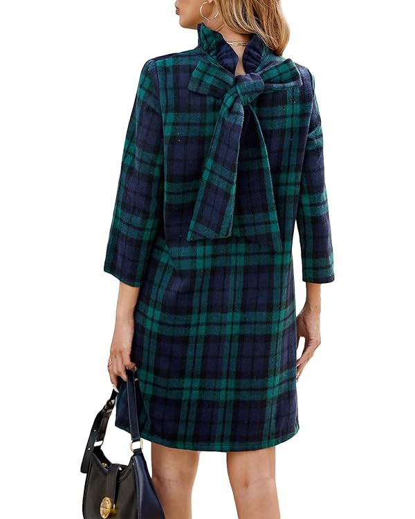 Women's Fall Plaid Dress Bow Tie Long Sleeve Wool Dresses Casual Elegant Formal Shift Mini Dress ... | Amazon (US)