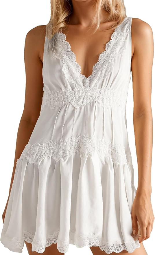Womens Lace Mini Dress Slip Dress V-Neck Summer Y2k Ruffle Hem Flowy Swing Boho Short Dresses | Amazon (US)