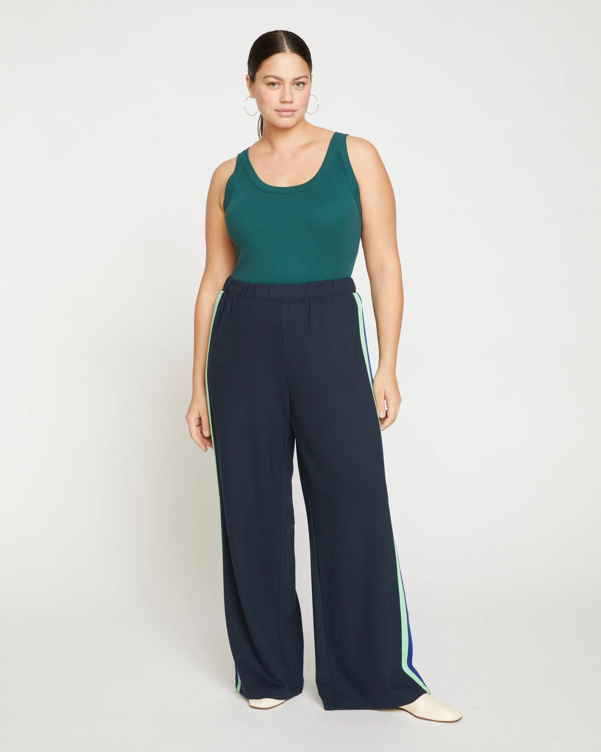 Stephanie Wide Leg Stripe Ponte Pants 33 InchNavy with Absinthe/Navy Stripe | Universal Standard