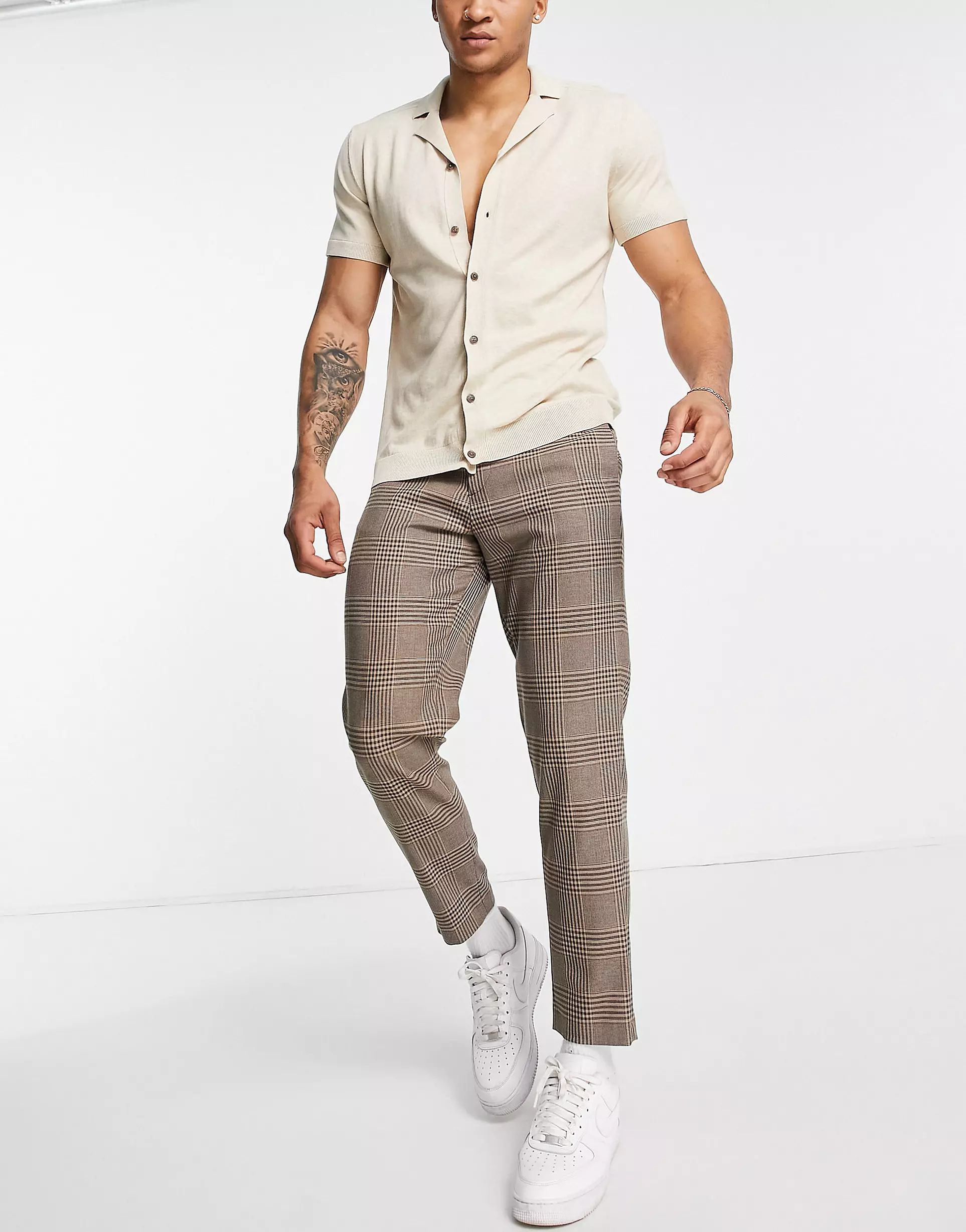 Selected Homme slim tapered smart pants in brown check | ASOS (Global)