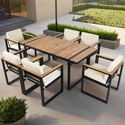 Outdoor 7 Piece Dining Set Patio Dining Table and Chair Group with Removable Cushion | Wayfair North America