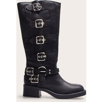 Black Pu Round Toe Multi Buckle Harness Knee High Boots | PrettyLittleThing US