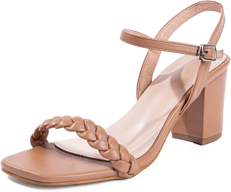 Women Heel Sandals Woven Flop Strappy Thong Block Square Leather Comfortable Sandals | Amazon (US)