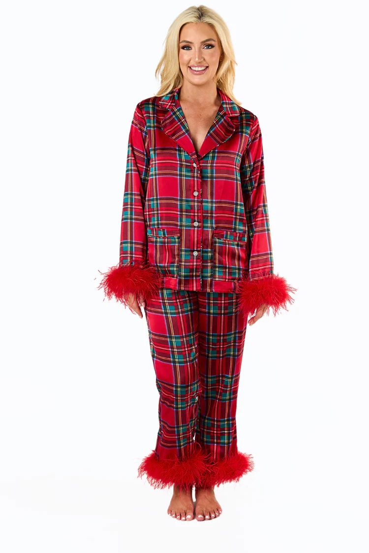 Danica Tartan Feather Trim Pajama Set | Confête