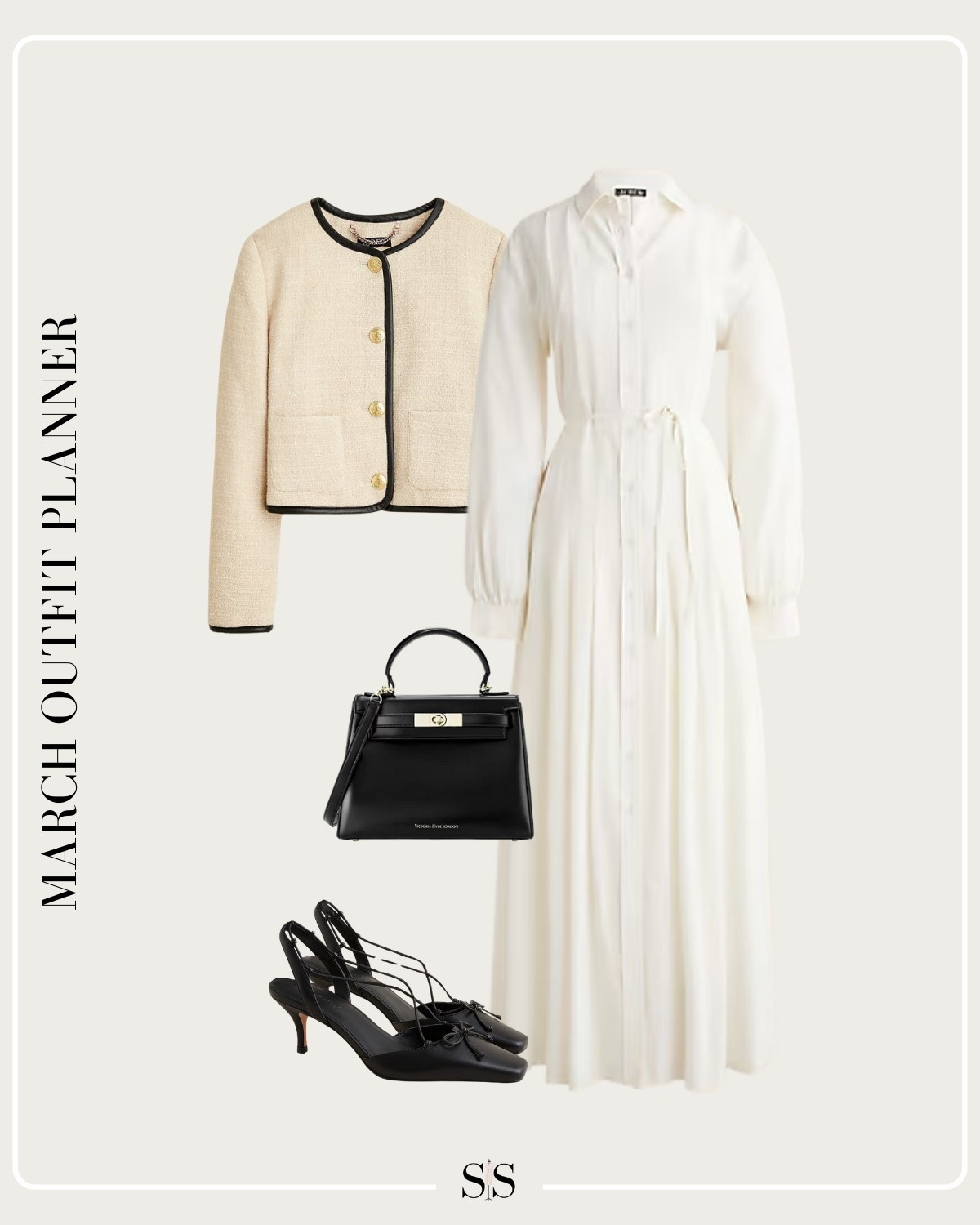 Monthly outfit planner MARCH: Winter to Spring transitional looks | white dress, lady jacket, sling back pumps, handbag 

#springoutfit #workwear  #weartowork #officeoutfit


#LTKStyleTip #LTKWorkwear