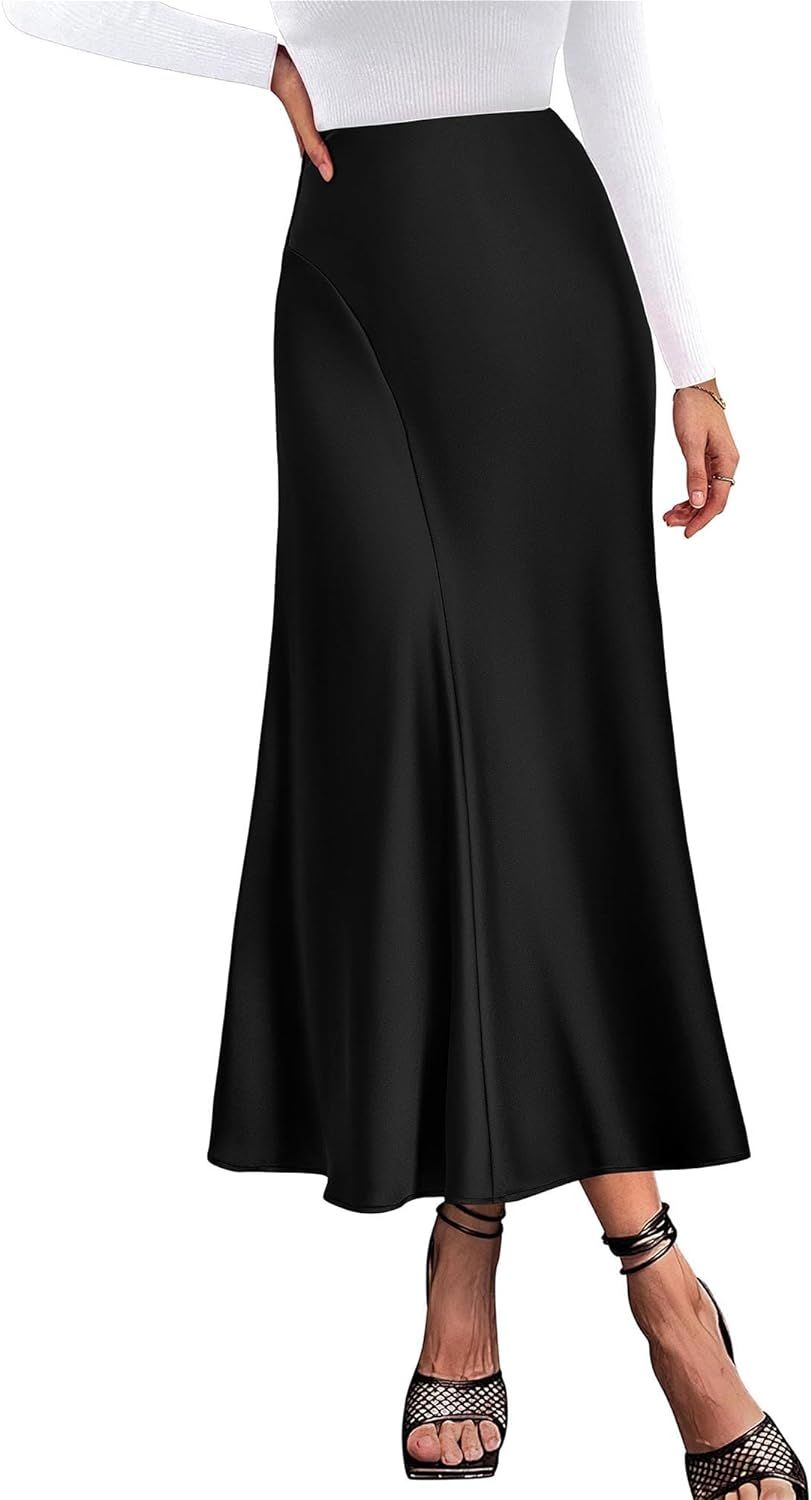 KIRUNDO Women's Elegant Long Satin Skirt Dressy Casual High Waisted Silk Flowy A Line Flared Part... | Amazon (US)