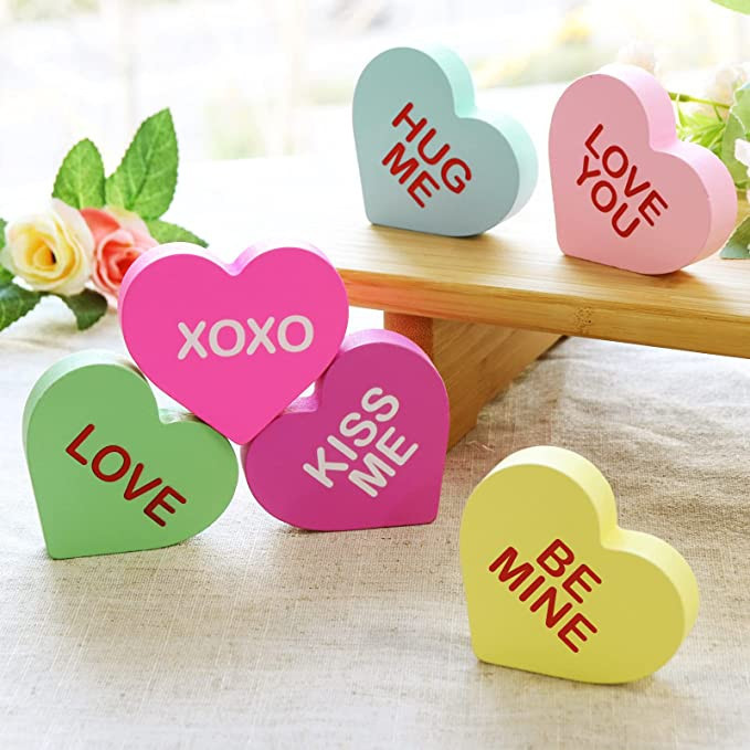 Treory Valentines Day Decor Candy Heart Table Decorations Sign, 6 Pcs Valentines Day Wooden Tiere... | Amazon (US)