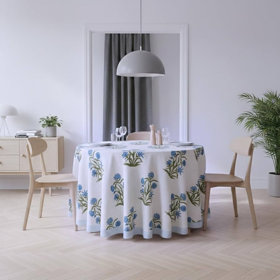 Floral Round Tablecloth, Blue & Green Hand Block Printed Cotton with Striped Border, Handmade Din... | Amazon (US)