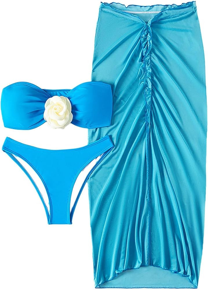 SHENHE Women's 3 Piece Stereo Flower Bikini Swimsuit with Ruched Mesh Beach Skirt | Amazon (US)