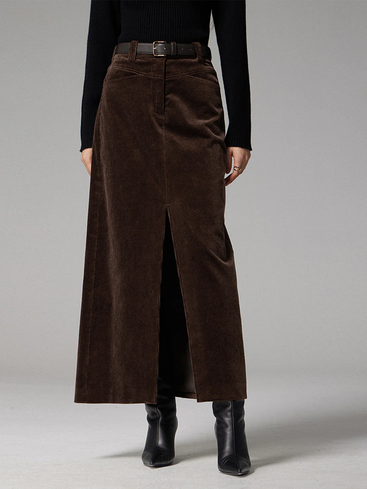 Pockets Corduroy Slit Maxi Skirt | Commense