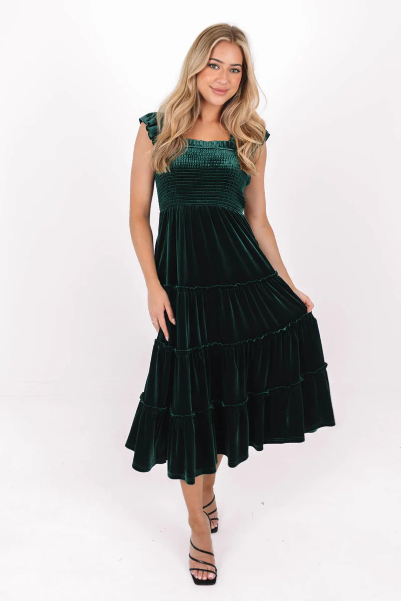 The Tyler Ruffle Strap Midi Dress - Green Velvet | The Impeccable Pig