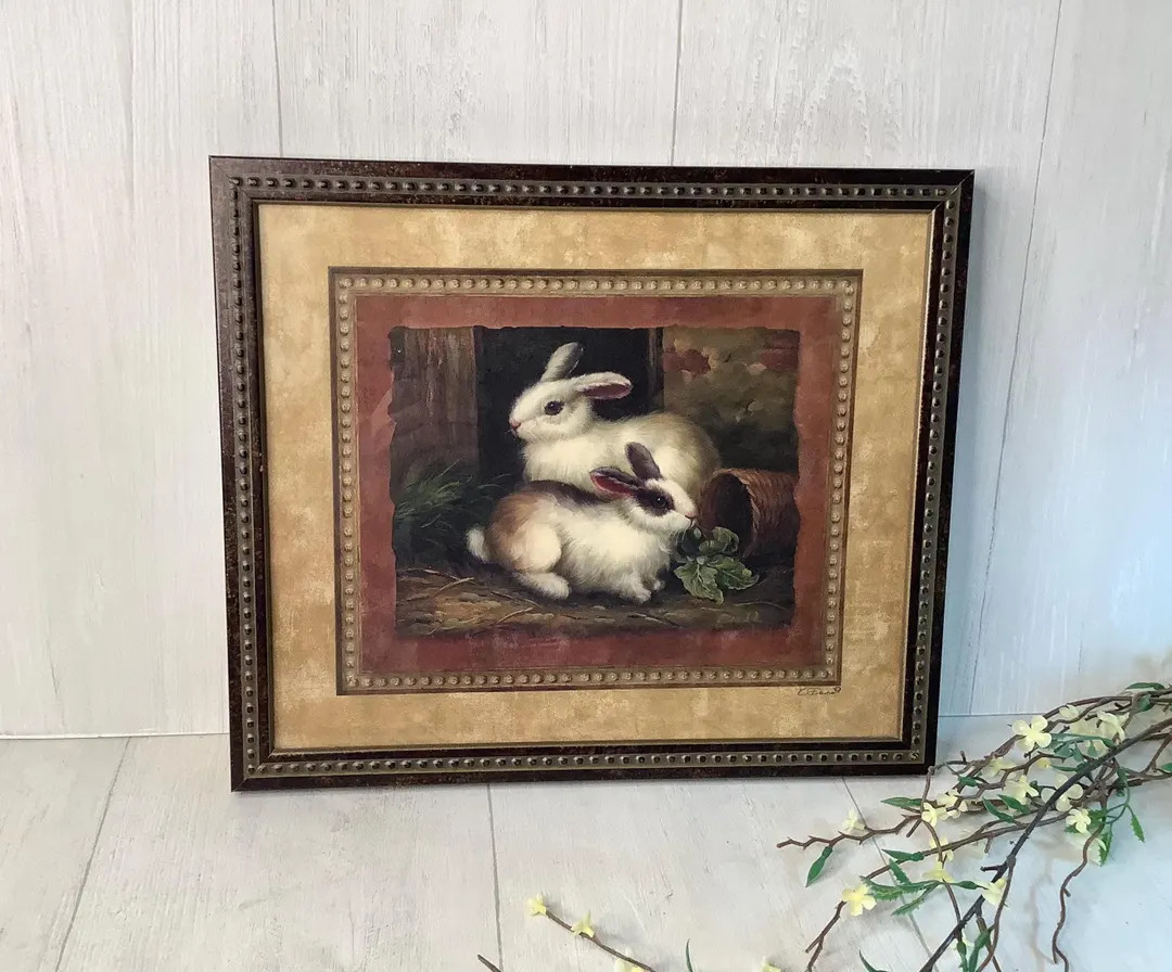 Vintage Wood Framed Rabbits Print/ Framed Primitive Bunny Rabbits Art Print/ Farmhouse Gallery Wa... | Etsy (US)
