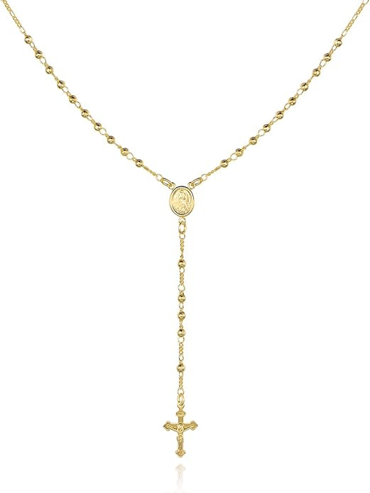 Barzel 18K Gold Plated Virgin Mary Rosary Bead Cross Necklace - Made In Brazil | Amazon (US)