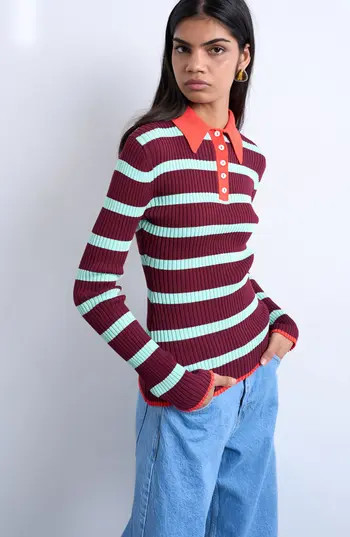 Topshop Stripe Long Sleeve Rib Polo in Burgundy Multi at Nordstrom Rack, Size Small | Nordstrom Rack