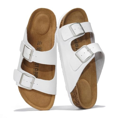 Project Cloud 100% Genuine Leather Flat Sandals For Women 2026 Cork Footbed Womens Sandals with Memory Foam and arch support Vacation Essentials Slides for Women Footwear (Venita, White, 8) | Amazon (US)