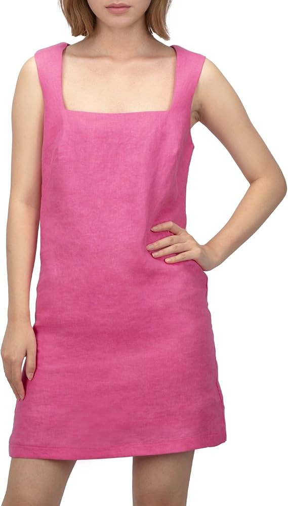 Women's 100% Linen Square Neck Sleeveless Mini Dress Tailored Fit with Lining A-Line Summer Dress | Amazon (US)
