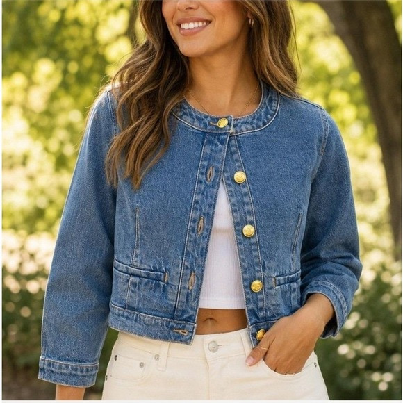 J.Crew Denim Louisa Lady Jacket 8 Blue Cropped Collarless Gold Crest Button | Poshmark