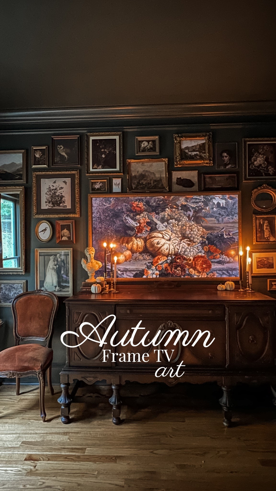 The parlor feels especially cozy this time of year 🍂🕯️🥀
I swapped the Frame TV art for an autumn scene and added a few seasonal touches — black candles and heirloom pumpkins — to my antique sideboard. The moody gallery wall stays the same, but it all feels fresh with that warm fall glow. Linking my current TV art, similar frames, and decor details if you’re creating your own cozy fall corner.

#FallDecorInspo #FrameTVArt #MoodyHomeStyle #VintageHomeDecor #GalleryWallIdeas #AutumnAesthetic #CozyParlorVibes

#LTKHome #LTKSeasonal #LTKHalloween