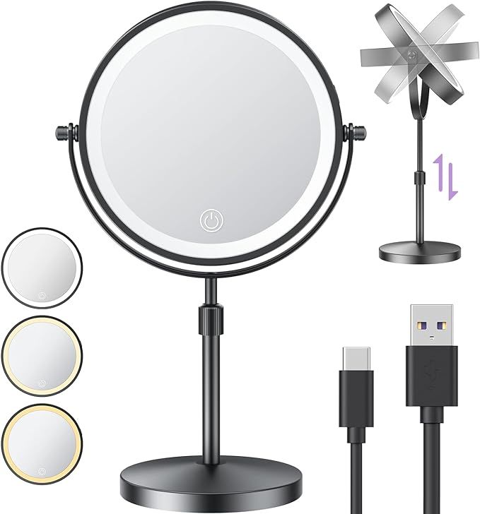 Anfauny 8.5" Rechargeable Lighted Height Adjustable Makeup Mirror with 3 Light Colors, Dimmable D... | Amazon (US)