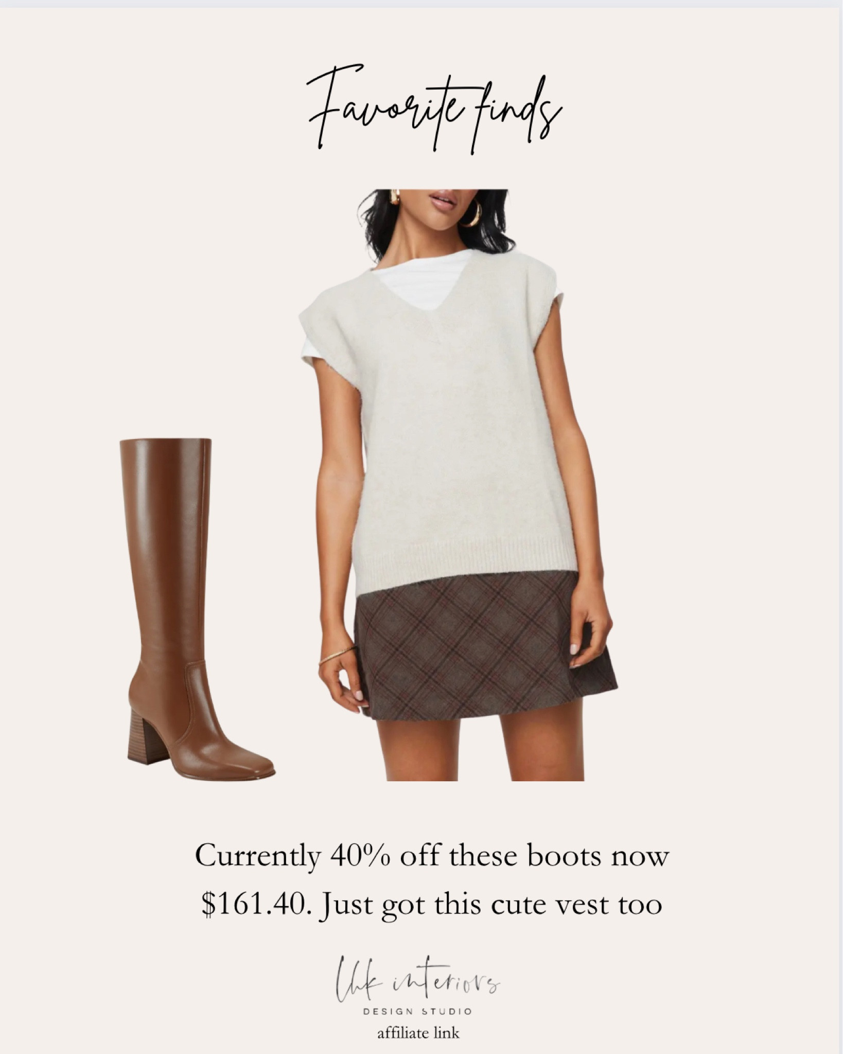 Winter clothing inspo! Best, brown leather boots, brown boots, cream vest, skirt, Nordstrom, plaid skirt, winter skirt

#LTKstyletip #LTKworkwear #LTKGiftGuide