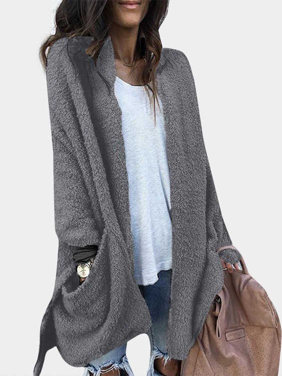 Grey Collarless Open Front Long Sleeves Two Large Pockets Sweaters Coat | YOINS