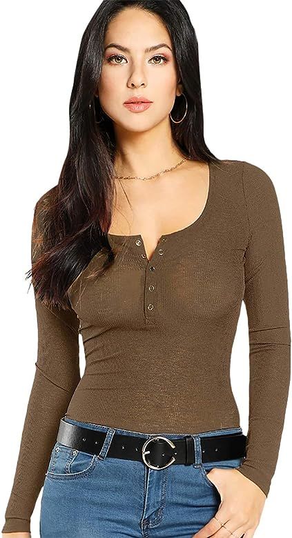 Women's Henley Scoop Neck Button Ribbed Long Sleeve Slim Fit Basic Stretch Sweater Knit Top Shirt | Amazon (US)