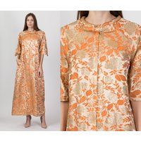 60S Metallic Floral Jacquard Robe - Small To Medium | Vintage Gold Orange Loungewear Zip Front House | Etsy (US)
