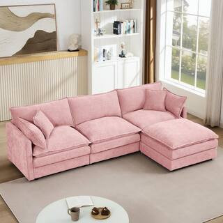 Weyric Modern 105 in. Chenille Upholstered L-Shape 3-Seats Modular Sectional Sofa in Pink with Ottoman, Pillows | The Home Depot