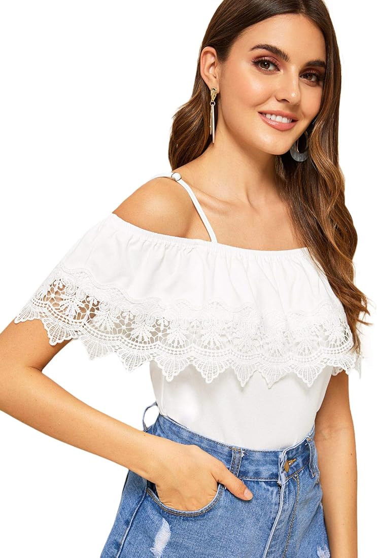 SweatyRocks Women's Spaghetti Strap Cold Shoulder Tops Short Sleeve Lace Trim Shirt Blouse | Amazon (US)