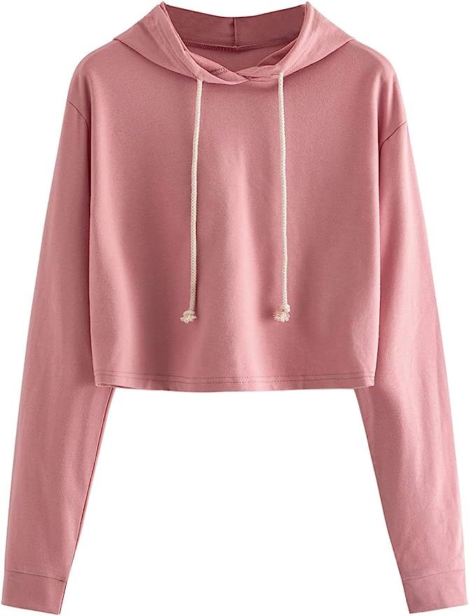 MAKEMECHIC Women's Drawstring Cropped Hoodies Casual Plain Workout Crop Tops Sweatshirt | Amazon (US)